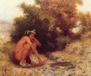 Loinclothed hobby; Obr�zek dne - the picture od the day - �awa rel - Ernest Berke, Oil on Canvase - Indian on a Cliff 