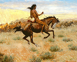 Loinclothed hobby; Obr�zek dne - the picture od the day - �awa rel - Ernest Berke, Oil on Canvase - Indian on a Cliff 