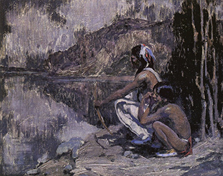 Loinclothed hobby; Obr�zek dne - the picture od the day - �awa rel - Ernest Berke, Oil on Canvase - Indian on a Cliff 