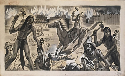 Loinclothed hobby; Obr�zek dne - the picture od the day - �awa rel - American Indians Murder and Scalping raid, Book illustration