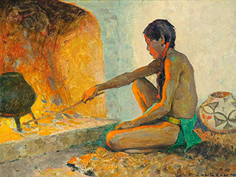 Loinclothed hobby; Obr�zek dne - the picture od the day - �awa rel -  E. Irving Couse, Pueblo Fireplace