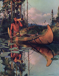 Loinclothed hobby; Obr�zek dne - the picture od the day - �awa rel - Harry C. Edwards, The Call - Indian man in birch bark canoe 
