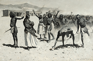 Loinclothed hobby; Obr�zek dne - the picture od the day - �awa rel - She Noticed That All, Even the Children, Gathered up Stones as They Went, Frederic Remington ~ 1901
