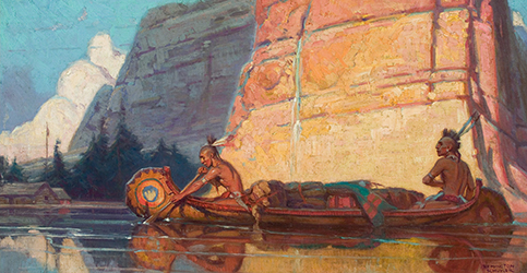 Loinclothed hobby; Obr�zek dne - the picture od the day - �awa rel - Remington Schuyler,  Indians Paddling a Canoe
