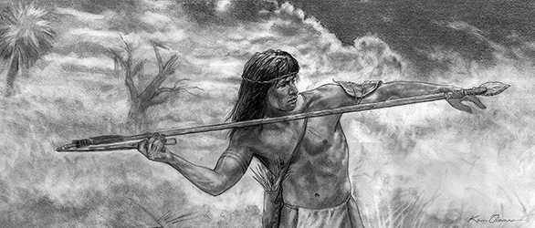 Loinclothed hobby; Obr�zek dne - the picture od the day - �awa rel - Art of Kevin Thomas - Seminole hunter gatherer launches spear with atlatl
