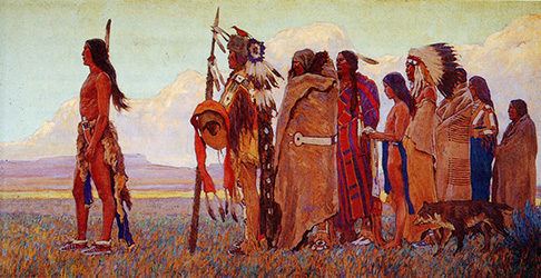Loinclothed hobby; Obr�zek dne - the picture od the day - �awa rel - Maynard Dixon, group of standing  indians