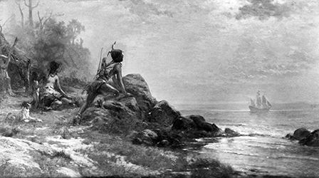 Loinclothed hobby; Obr�zek dne - the picture od the day - �awa rel - A native looks over New York Harbor to see the arrival of Henry Hudson in 1609