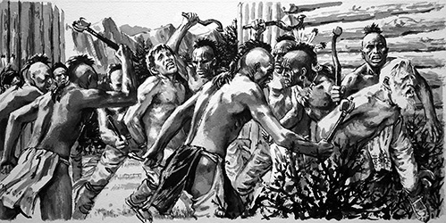 Loinclothed hobby; Obr�zek dne - the picture od the day - �awa rel - Art of Neville Dear The Missionaries Fate - Iroquois Attack 
