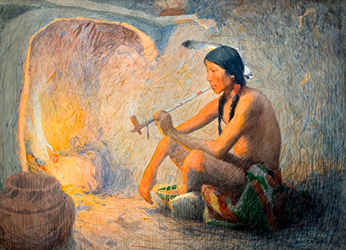 Loinclothed hobby; Obr�zek dne - the picture od the day - �awa rel -  Eanger Irving Couse, Indian with Pipe by Fireplace 