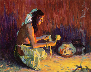 Loinclothed hobby; Obr�zek dne - the picture od the day - �awa rel - Eanger Irving Couse, Indian Brave Kneeling Before the Firelight, 1921