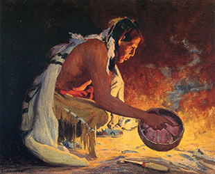Loinclothed hobby; Obr�zek dne - the picture od the day - �awa rel - Eanger Irving Couse, Indian By Firelight