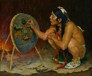 Loinclothed hobby; Obr�zek dne - the picture od the day - �awa rel - Eanger Irving Couse, Decorating the War Shield