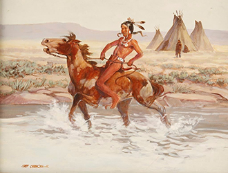 Loinclothed hobby; Obr�zek dne - the picture od the day - �awa rel - Oil on Board by Shep Chadhorn, Indian brave on horseback