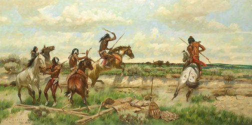 Loinclothed hobby; Obr�zek dne - the picture od the day - �awa rel - Art of Jack N. Swanson, Starting a Buffalo Run