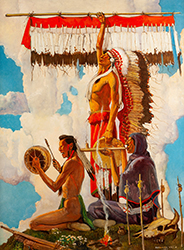 Loinclothed hobby; Obr�zek dne - the picture od the day - �awa rel - Art of Hernando Villa Indian Chieftain holding feathered staff, 1947