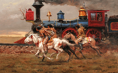 Loinclothed hobby; Obr�zek dne - the picture od the day - �awa rel - Art of Andy Thomas, American Indians raiding a US mail train