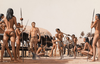 Loinclothed hobby; Obr�zek dne - the picture od the day - �awa rel - Art of Morton K�nstler, Rescue by Natives on the South Sea, Stag Magazine