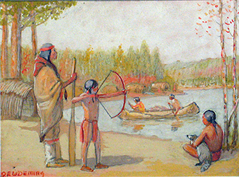 Loinclothed hobby; Obr�zek dne - the picture od the day - �awa rel - Art of Koerner W. H. D. - Art of Edwin Willard Deming,  A Winnebago father teaching his boy to shoot