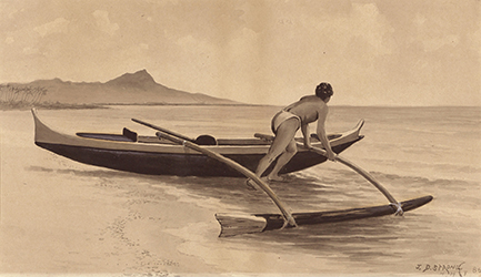 Loinclothed hobby; Obr�zek dne - the picture od the day - �awa rel - Art of Joseph Dwight Strong,  Pushing the outrigger