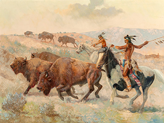 Loinclothed hobby; Obr�zek dne - the picture od the day - �awa rel - Art of Charles Damrow, Buffalo Hunt