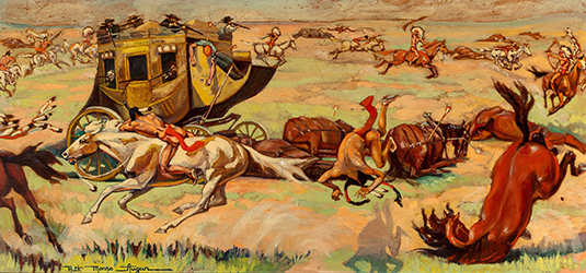 Loinclothed hobby; Obr�zek dne - the picture od the day - �awa rel - Art of Ruth Monro Augur, Raid of the Overland Stagecoach