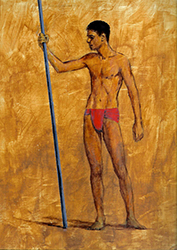 Loinclothed hobby; Obr�zek dne - the picture od the day - �awa rel - Art of Dennis Candy, Man Holding a Pole