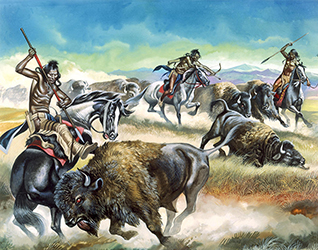 Loinclothed hobby; Obr�zek dne - the picture od the day - �awa rel - Art of Ron Embleton, Native American Indians killing American Bison