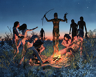 Loinclothed hobby; Obr�zek dne - the picture od the day - �awa rel - Art by Nola Davis - A hunter returns to his family after a successful hunt
