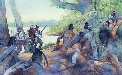 Loinclothed hobby; Obr�zek dne - the picture od the day - �awa rel - Art by Greg Harlin - Worlds Meet in the Summer of 1608.