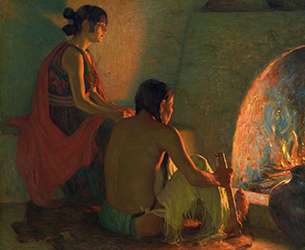Loinclothed hobby; Obr�zek dne - the picture od the day - �awa rel -  Joseph Henry Sharp, Fireside