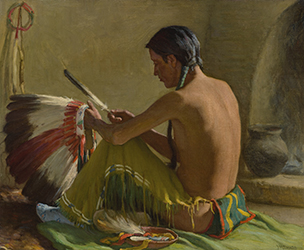 Loinclothed hobby; Obr�zek dne - the picture od the day - �awa rel -  Joseph Henry Sharp, Mending the Bonnet