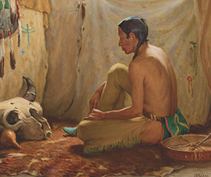 Loinclothed hobby; Obr�zek dne - the picture od the day - �awa rel -  Joseph Henry Sharp, Interior of a buffalo, Hunter�s teepee