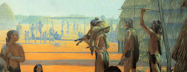 Loinclothed hobby; Obr�zek dne - the picture od the day - �awa rel - Art of  Nola Davis - Lake Naconiche, Caddo village scene