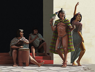 Loinclothed hobby; Obr�zek dne - the picture od the day - �awa rel - art by Pedro Rafael Mena  - Mexica Musicians