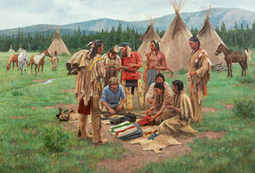 Loinclothed hobby; Obr�zek dne - the picture od the day - �awa rel - Gathering for Trade ~ 1995 - art of Susan Terpning