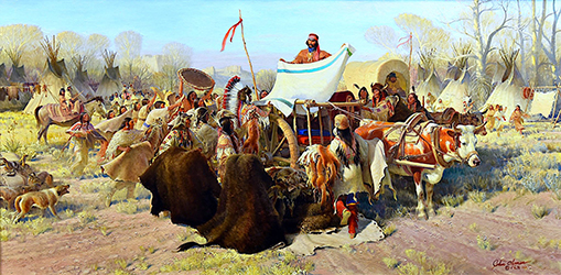 Loinclothed hobby; Obr�zek dne - the picture od the day - �awa rel - art by John Clymer - Trading with the Sioux