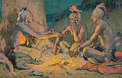 Loinclothed hobby; Obr�zek dne - the picture od the day - �awa rel - The Pipe of Peace � Council Fire, art of Eanger Irving Couse