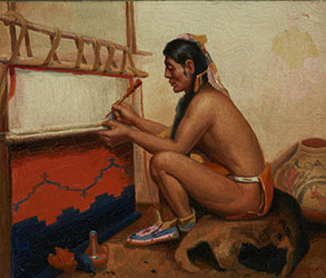 Loinclothed hobby; Obr�zek dne - the picture od the day - �awa rel - Portrait of a Native American at a Loom � Signed indistinctly l.r.