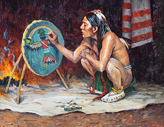 Loinclothed hobby; Obr�zek dne - the picture od the day - �awa rel - Decorating the War Shield � Council Fire, art of Hyrum Joe (after E. Irving Couse)