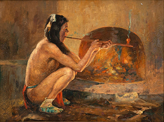 Loinclothed hobby; Obr�zek dne - the picture od the day - �awa rel - Native American with a Pipe � Council Fire, art of Eanger Irving Couse