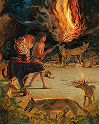 Loinclothed hobby; Obr�zek dne - the picture od the day - �awa rel - Mowgli thrust his dead branch into the fire � Council Fire, art Lute Vink
